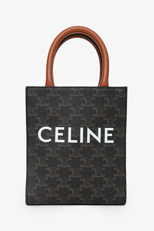 Celine 2021 Brown Canvas/Leather Mini Triomphe Vertical Cabas Tote with Strap