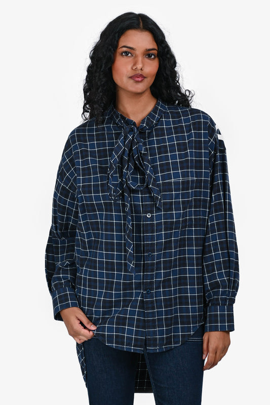 Balenciaga Navy Check Cotton Oversized Shirt With Tie Detail Size 34