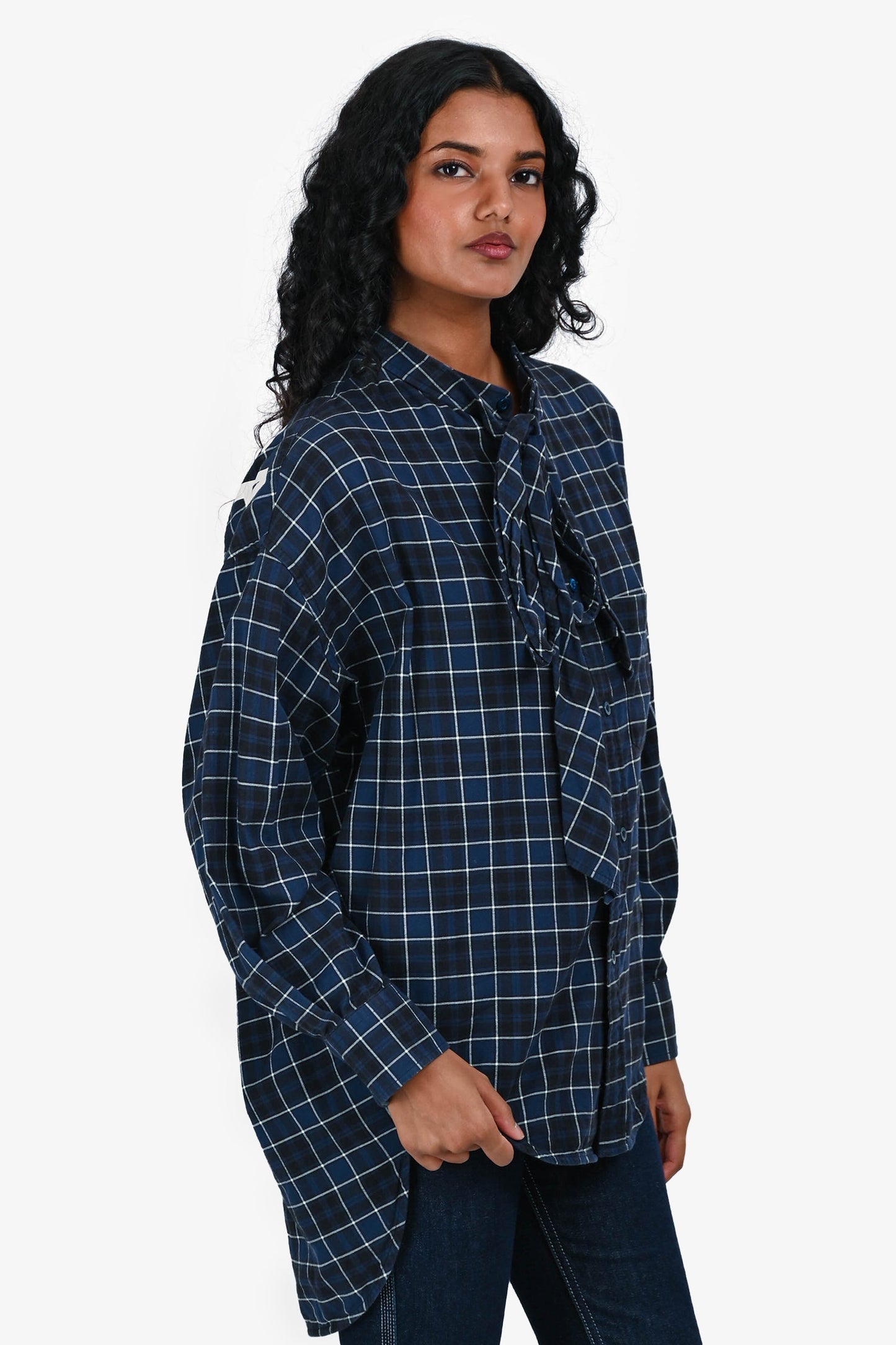 Balenciaga Navy Check Cotton Oversized Shirt With Tie Detail Size 34