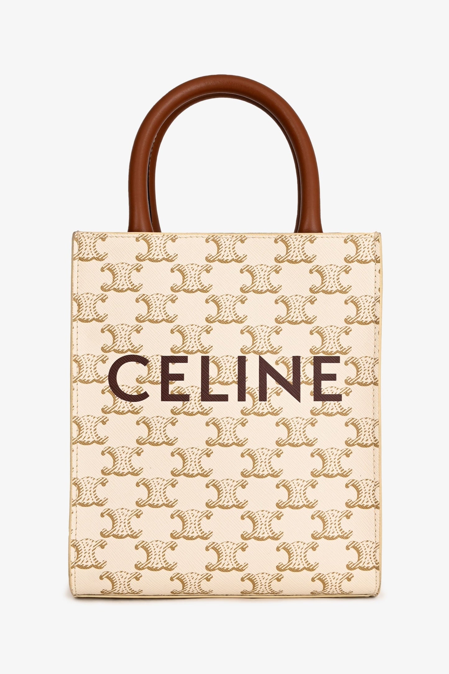 Celine White/Brown Leather/Canvas Mini Triomphe Cabas Vertical Tote with Strap