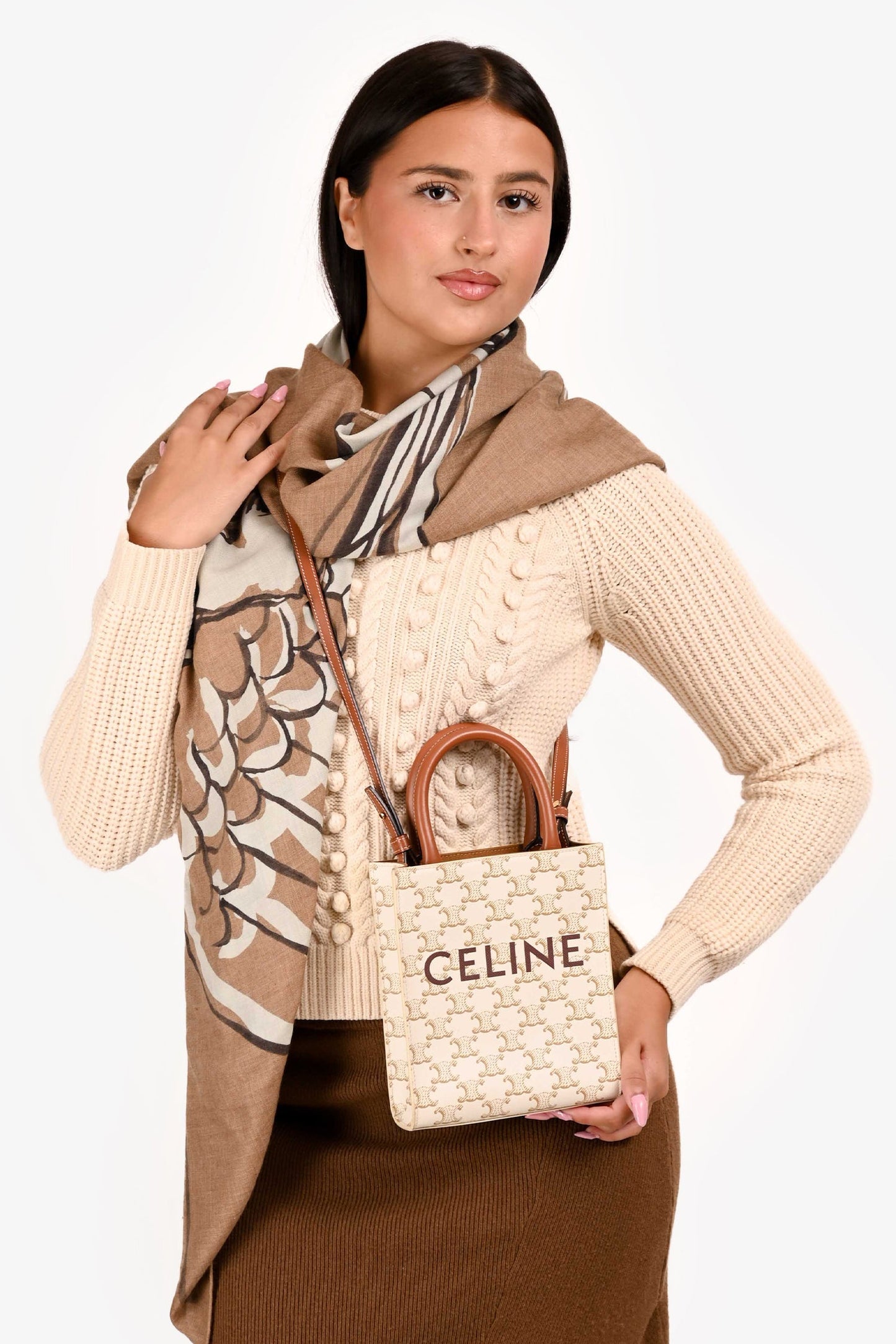 Celine White/Brown Leather/Canvas Mini Triomphe Cabas Vertical Tote with Strap