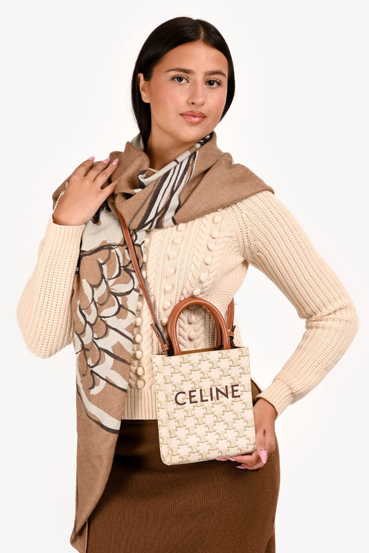 Celine White/Brown Leather/Canvas Mini Triomphe Cabas Vertical Tote with Strap