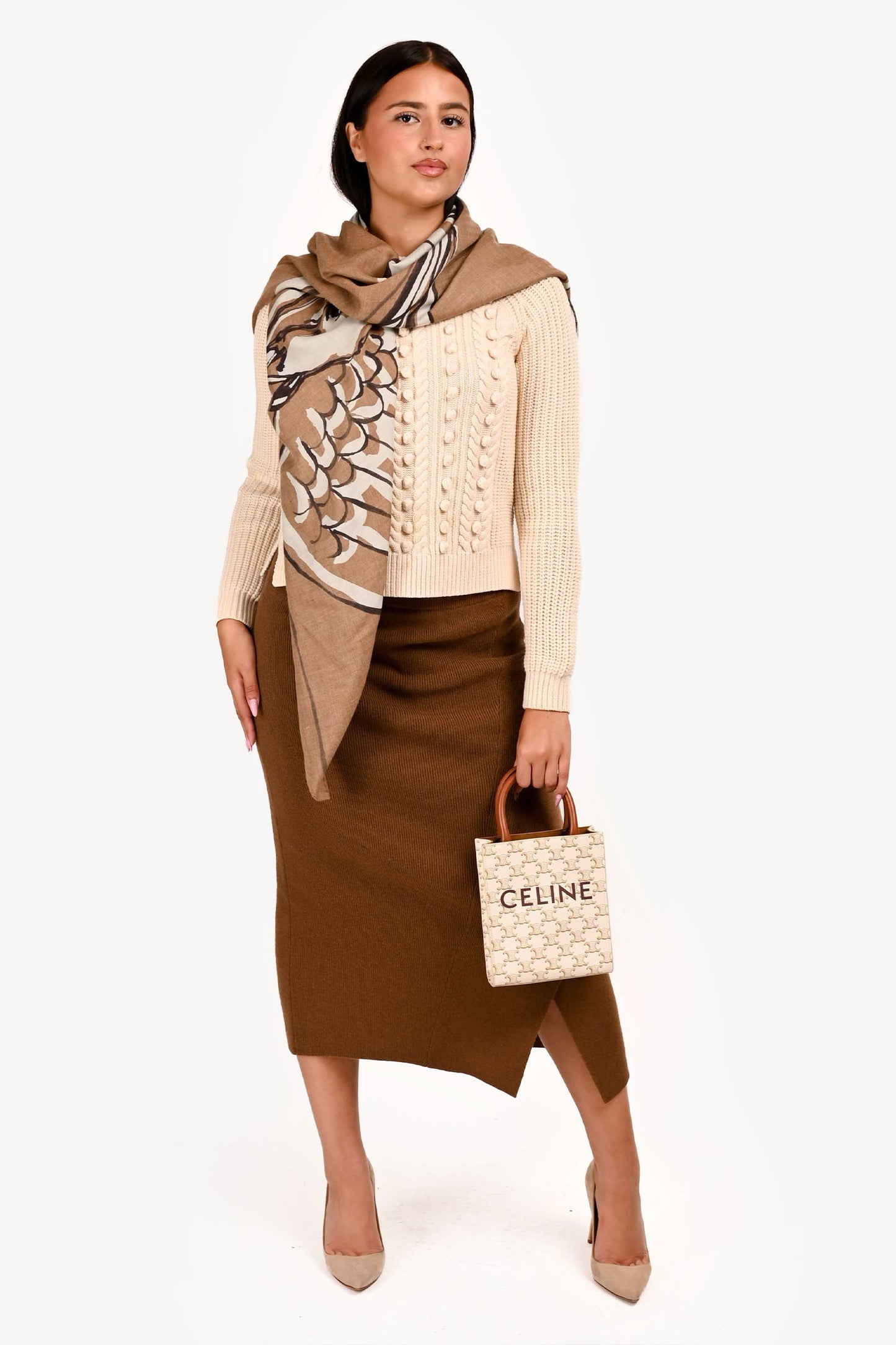 Celine White/Brown Leather/Canvas Mini Triomphe Cabas Vertical Tote with Strap