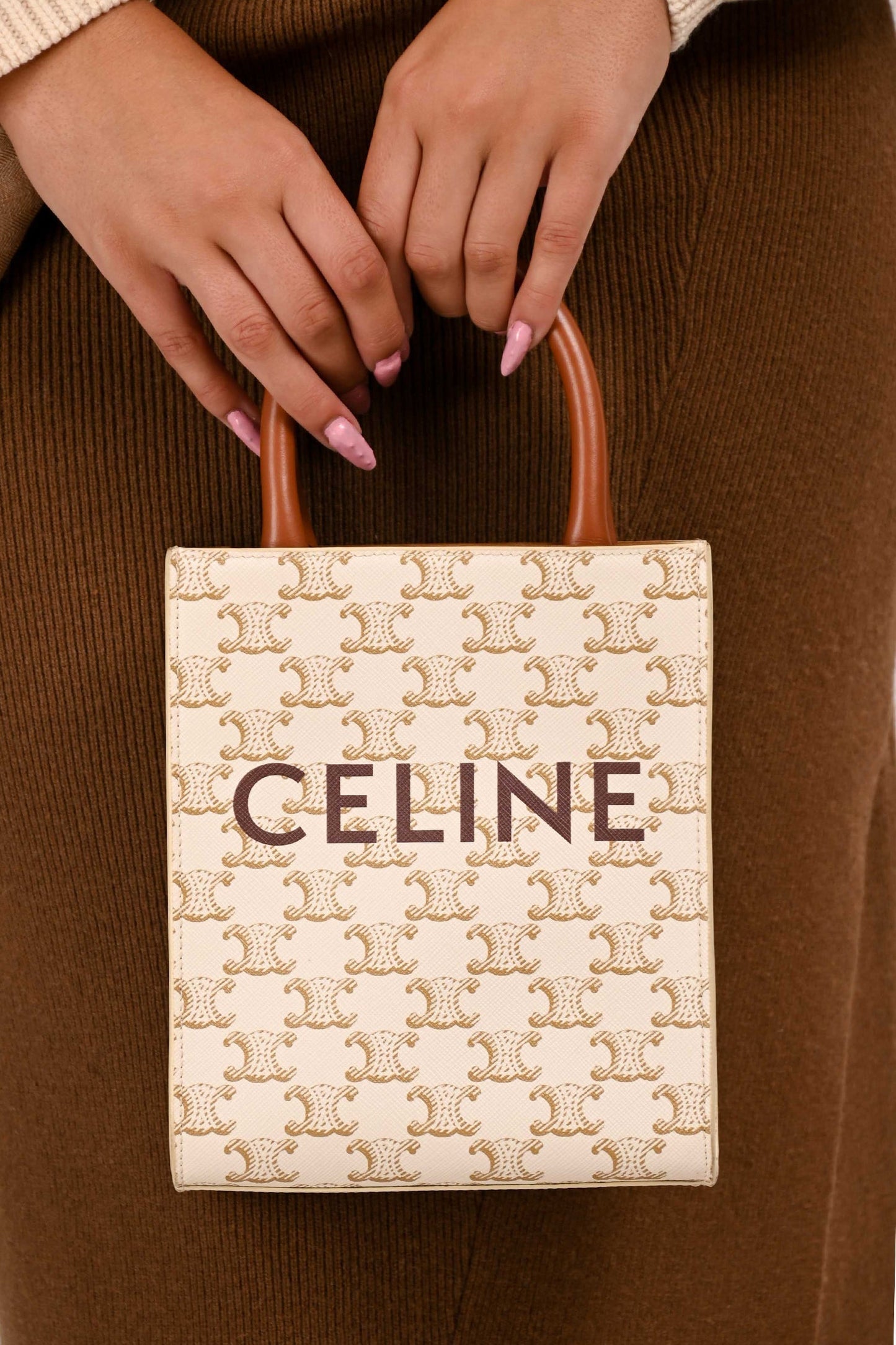 Celine White/Brown Leather/Canvas Mini Triomphe Cabas Vertical Tote with Strap