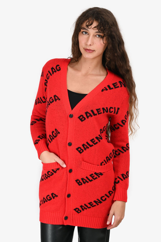 Balenciaga Red Wool Logo All Over Cardigan Size XS