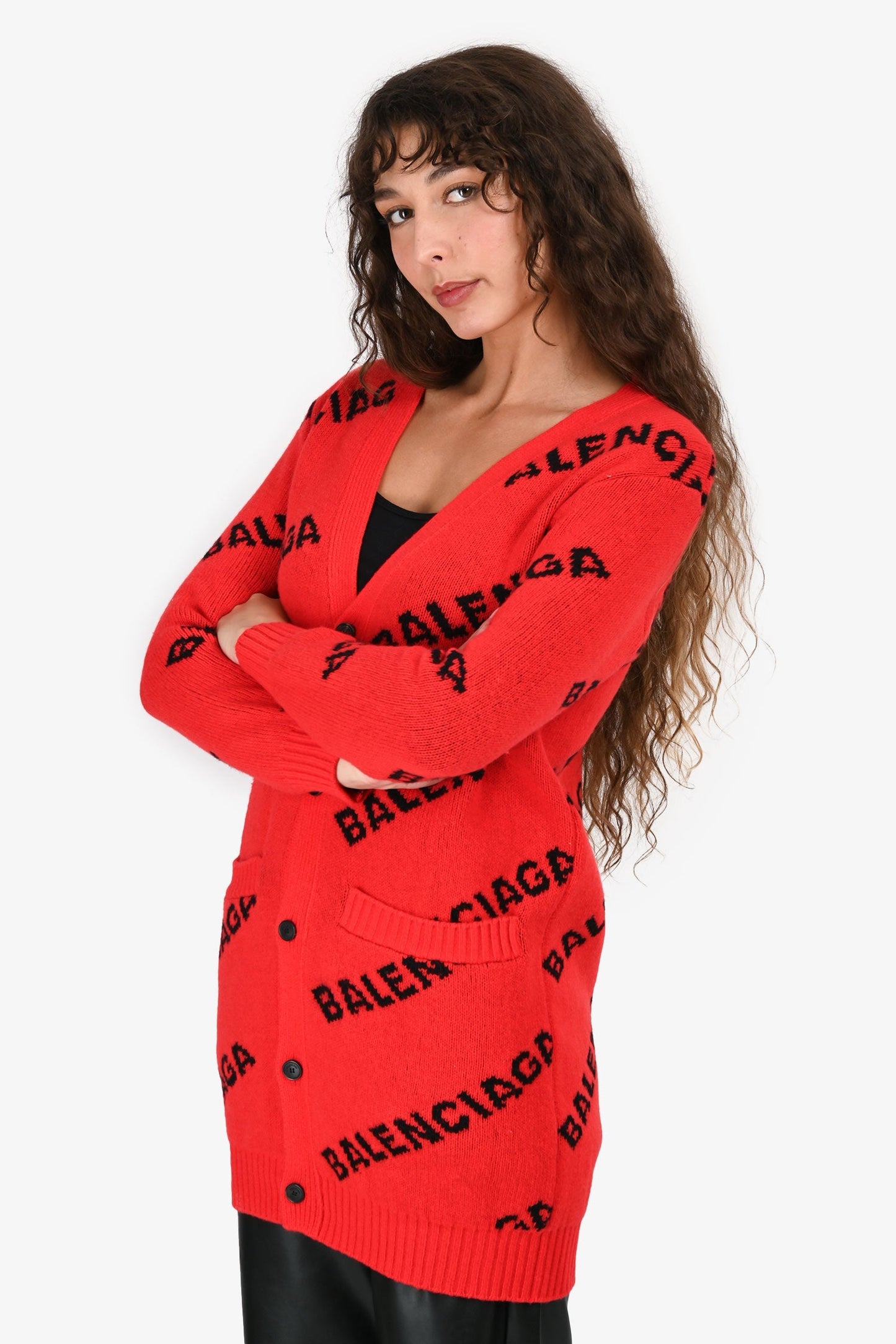 Balenciaga Red Wool Logo All Over Cardigan Size XS