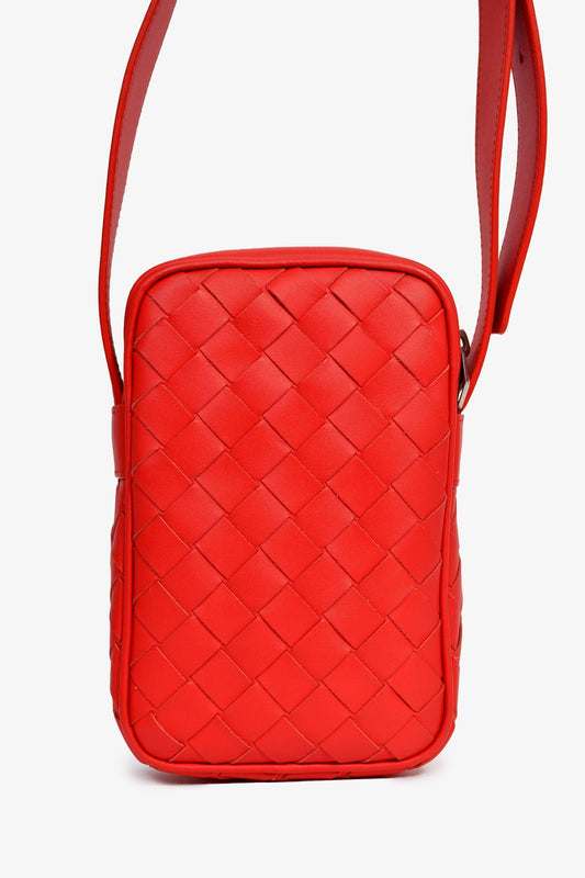 Bottega Veneta Red Leather Intrecciato Leather Phone Pouch