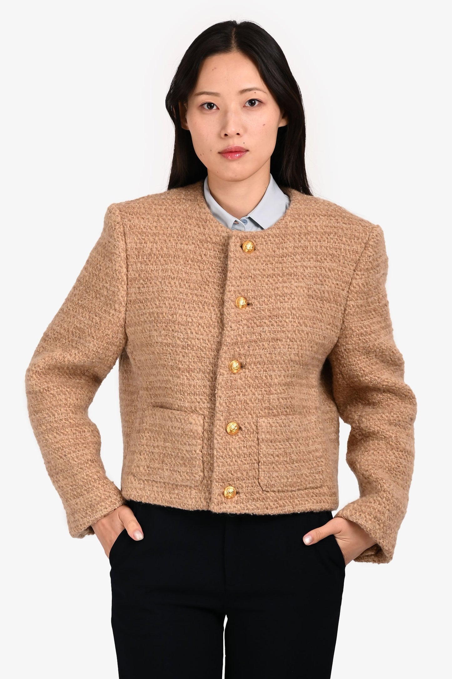 Celine Brown Wool/Mohair Tweed Gold Buttoned Jacket Size 38