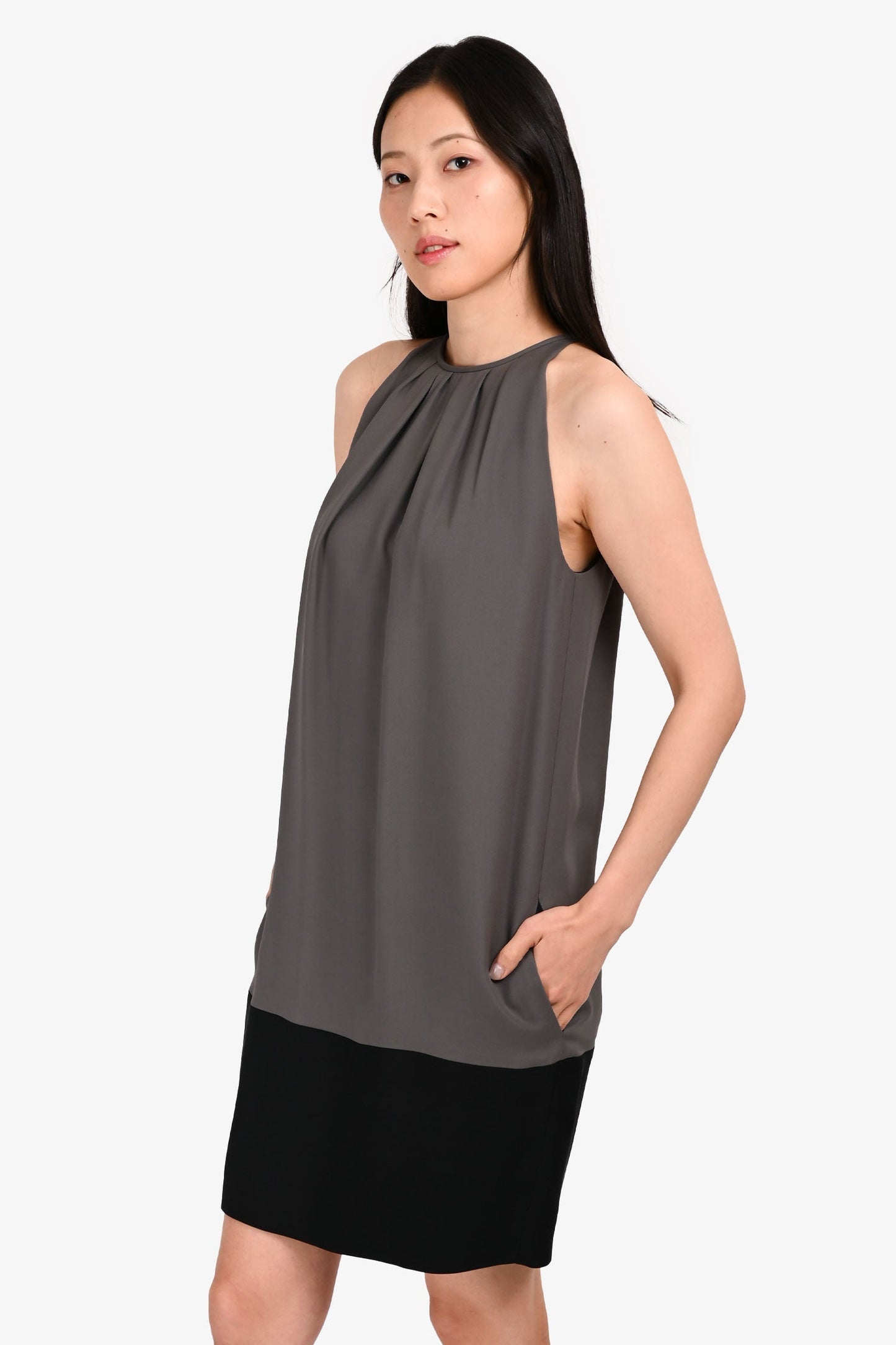 Celine Grey/Black Silk Colour Block Sleeveless Pocket Dress Size 38