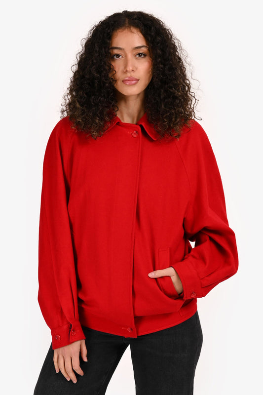 Burberrys Red Wool Collared Zippered Jacket Size 10