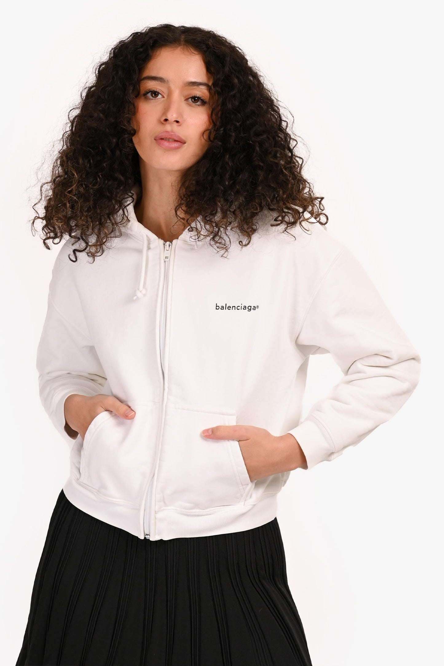 Balenciaga White Logo Print Cropped Zip Up Hoodie Size L