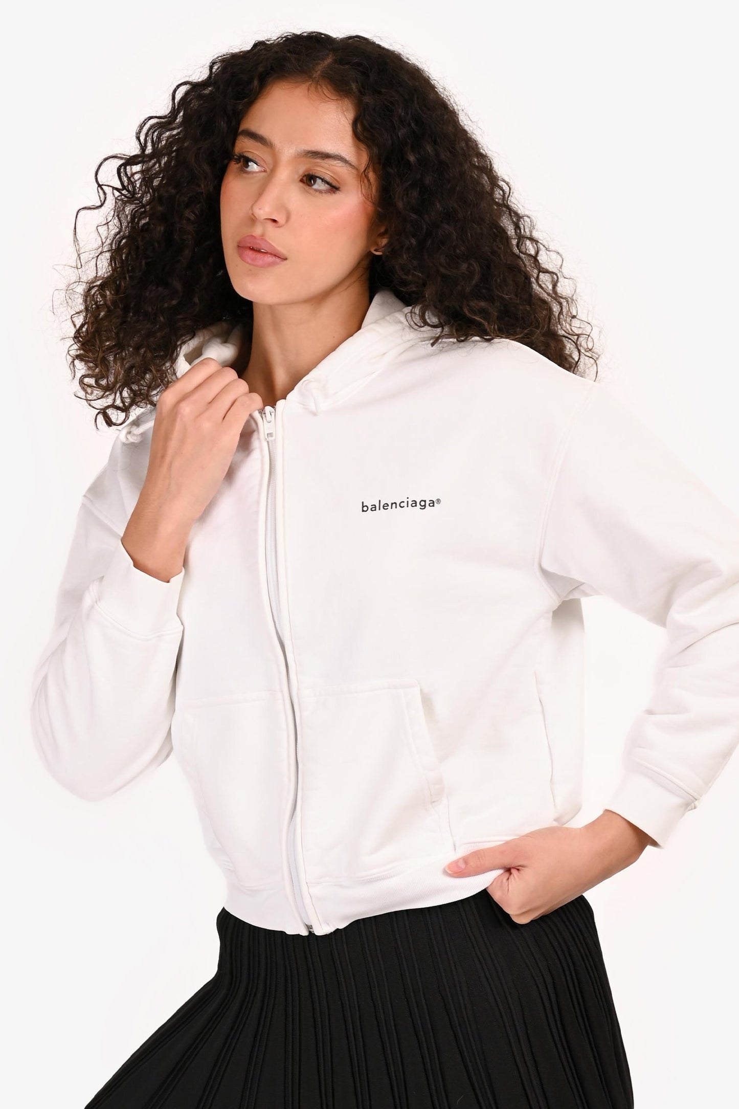 Balenciaga White Logo Print Cropped Zip Up Hoodie Size L