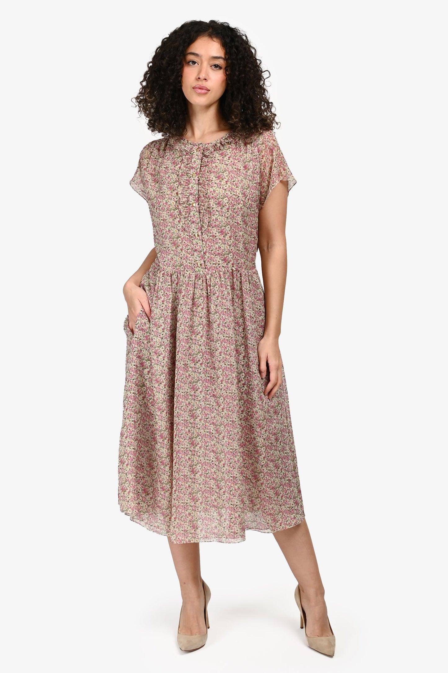 Celine Pink/Green Silk Floral Print Ruffle Trim Short Sleeve Midi Dress Size 38 FR