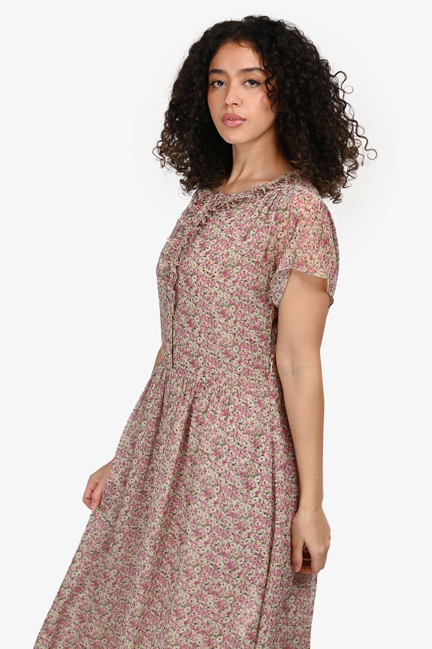 Celine Pink/Green Silk Floral Print Ruffle Trim Short Sleeve Midi Dress Size 38 FR