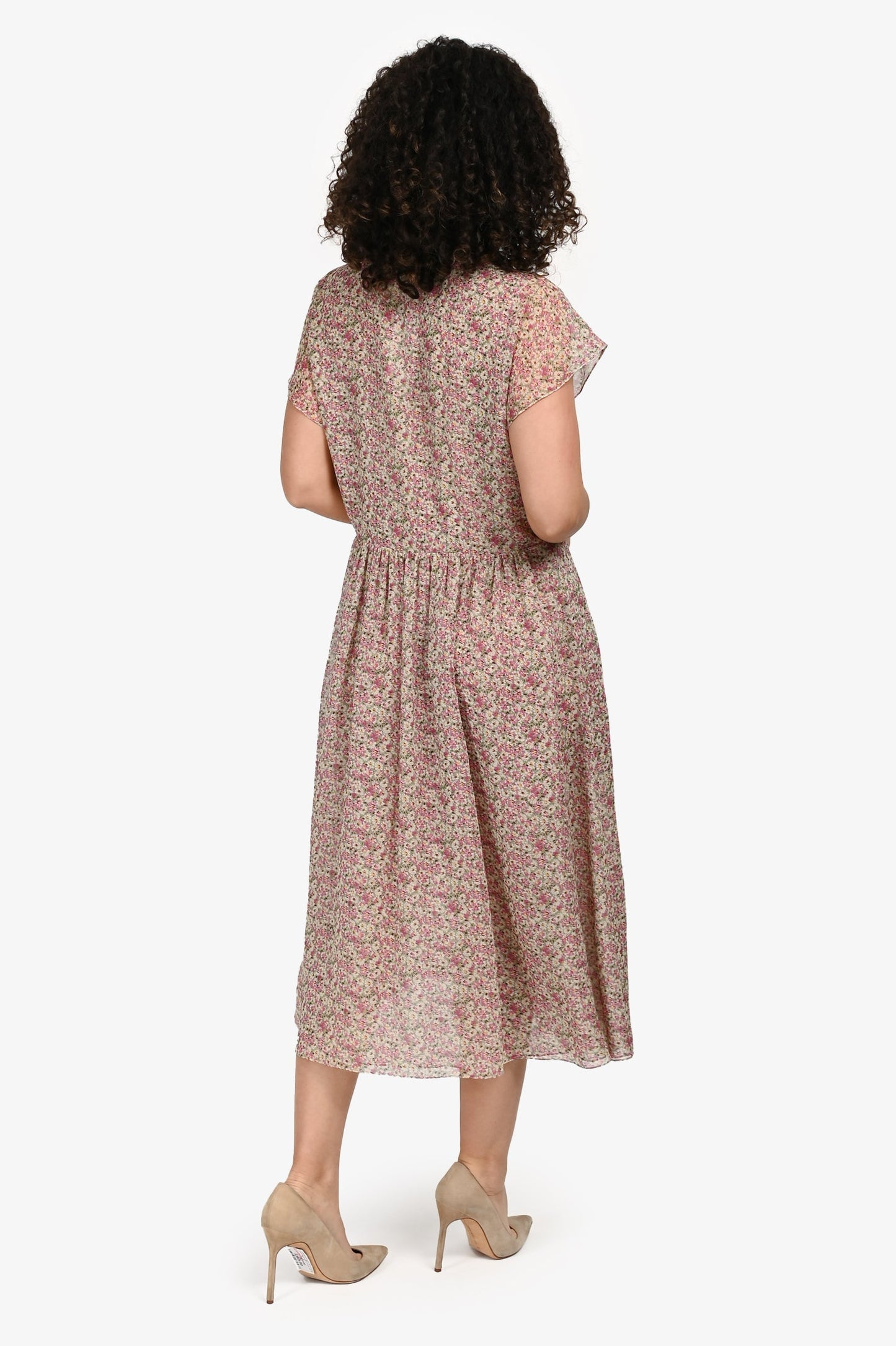 Celine Pink/Green Silk Floral Print Ruffle Trim Short Sleeve Midi Dress Size 38 FR