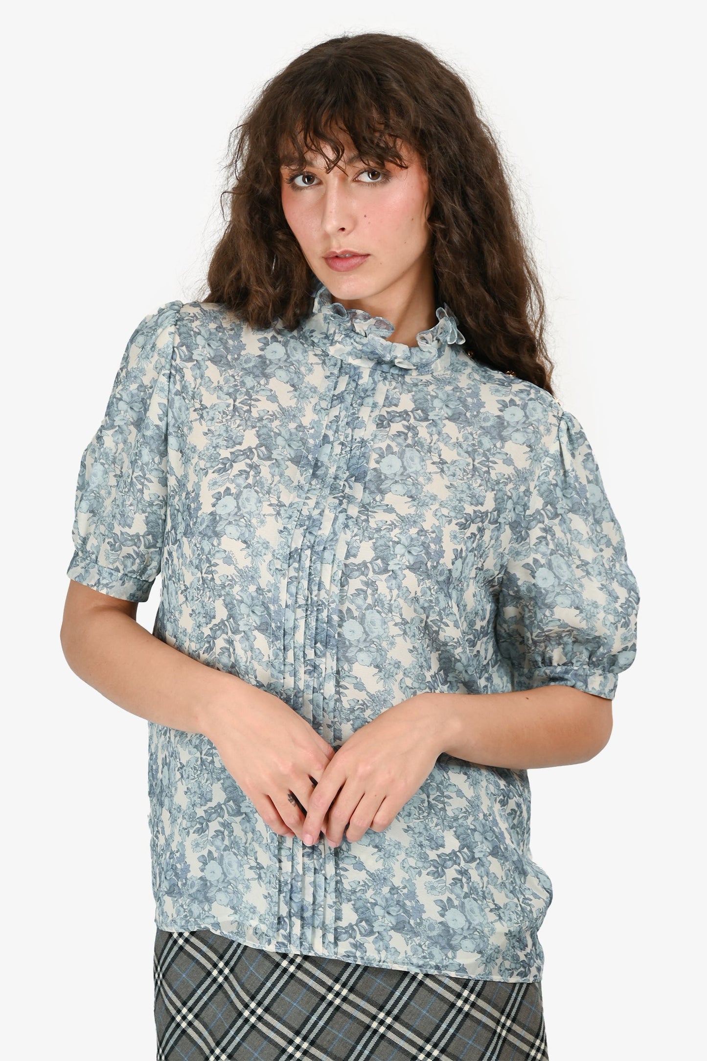 Celine 2024 Blue/White Silk Floral Printed Top Size 40