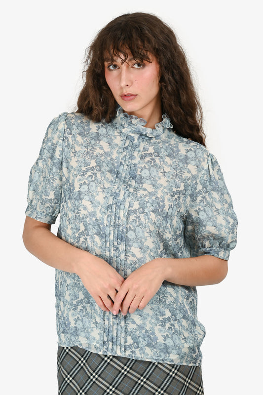 Celine 2024 Blue/White Silk Floral Printed Top Size 40