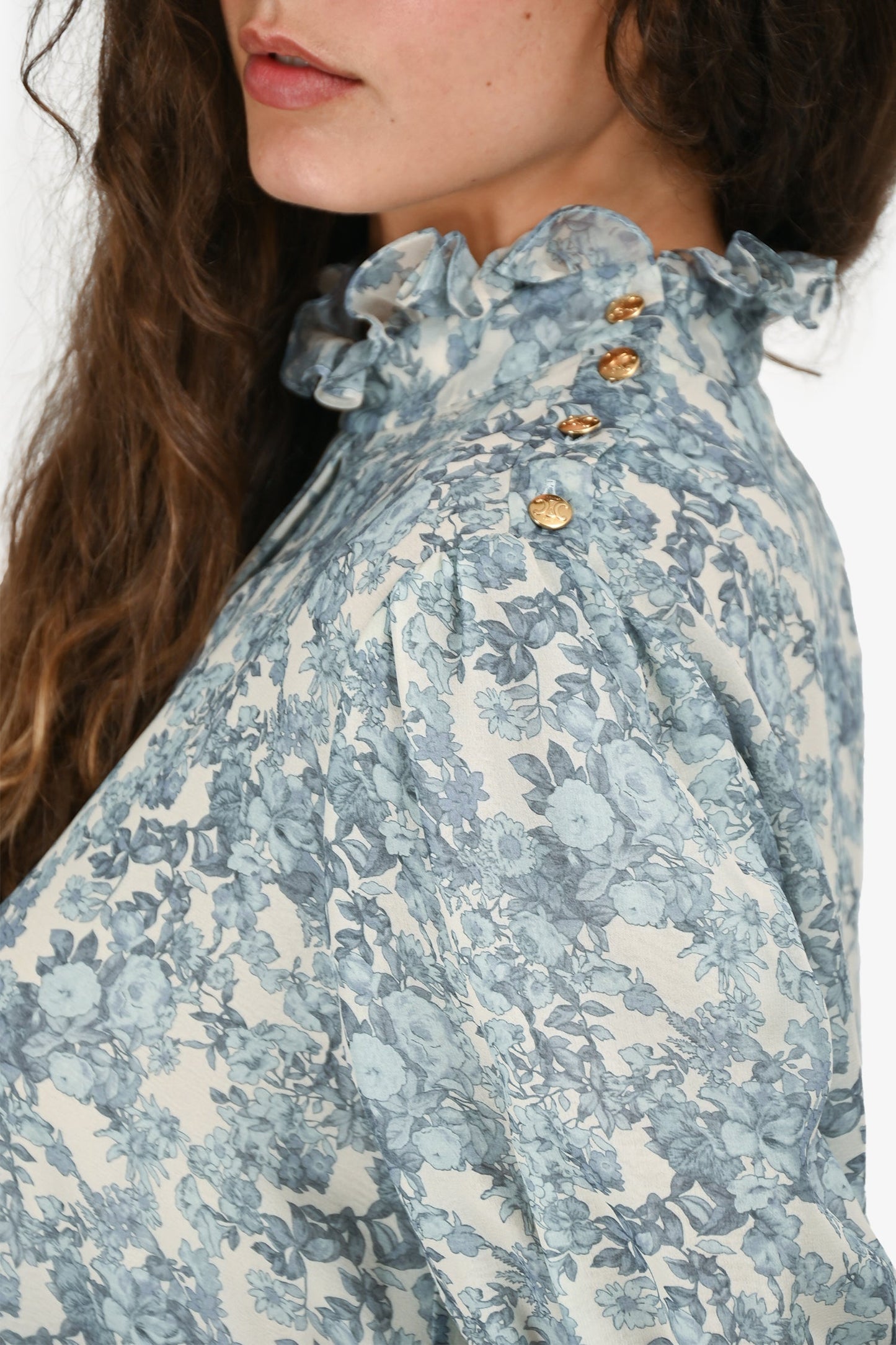 Celine 2024 Blue/White Silk Floral Printed Top Size 40