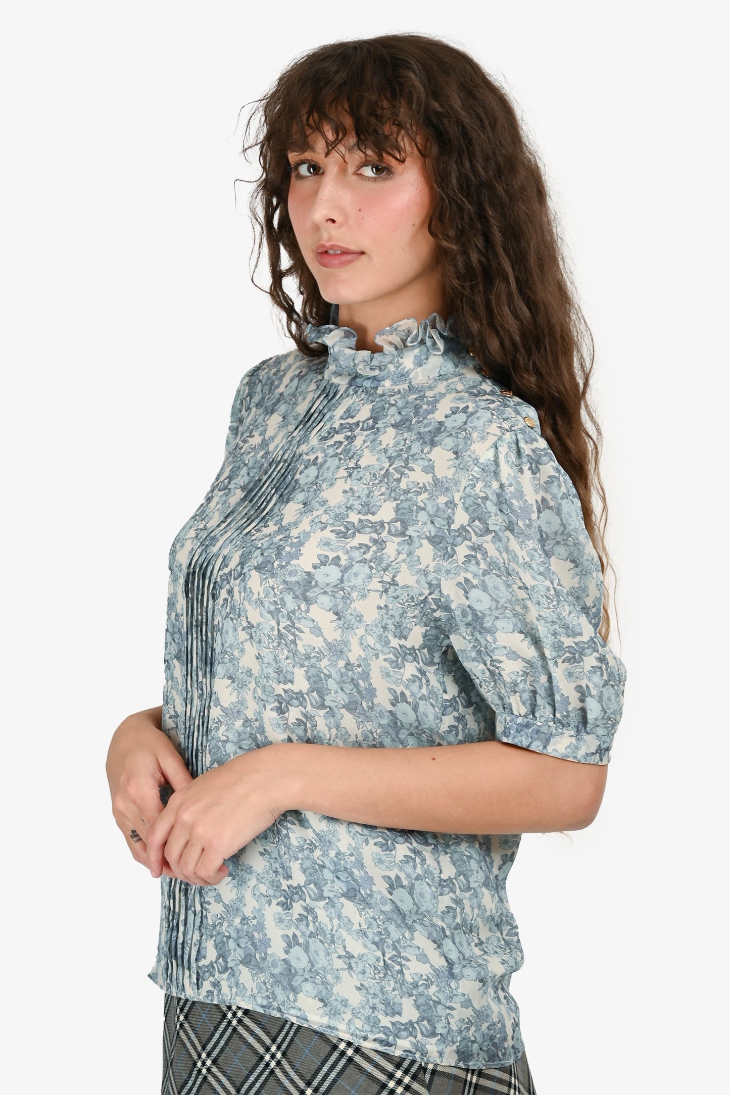 Celine 2024 Blue/White Silk Floral Printed Top Size 40