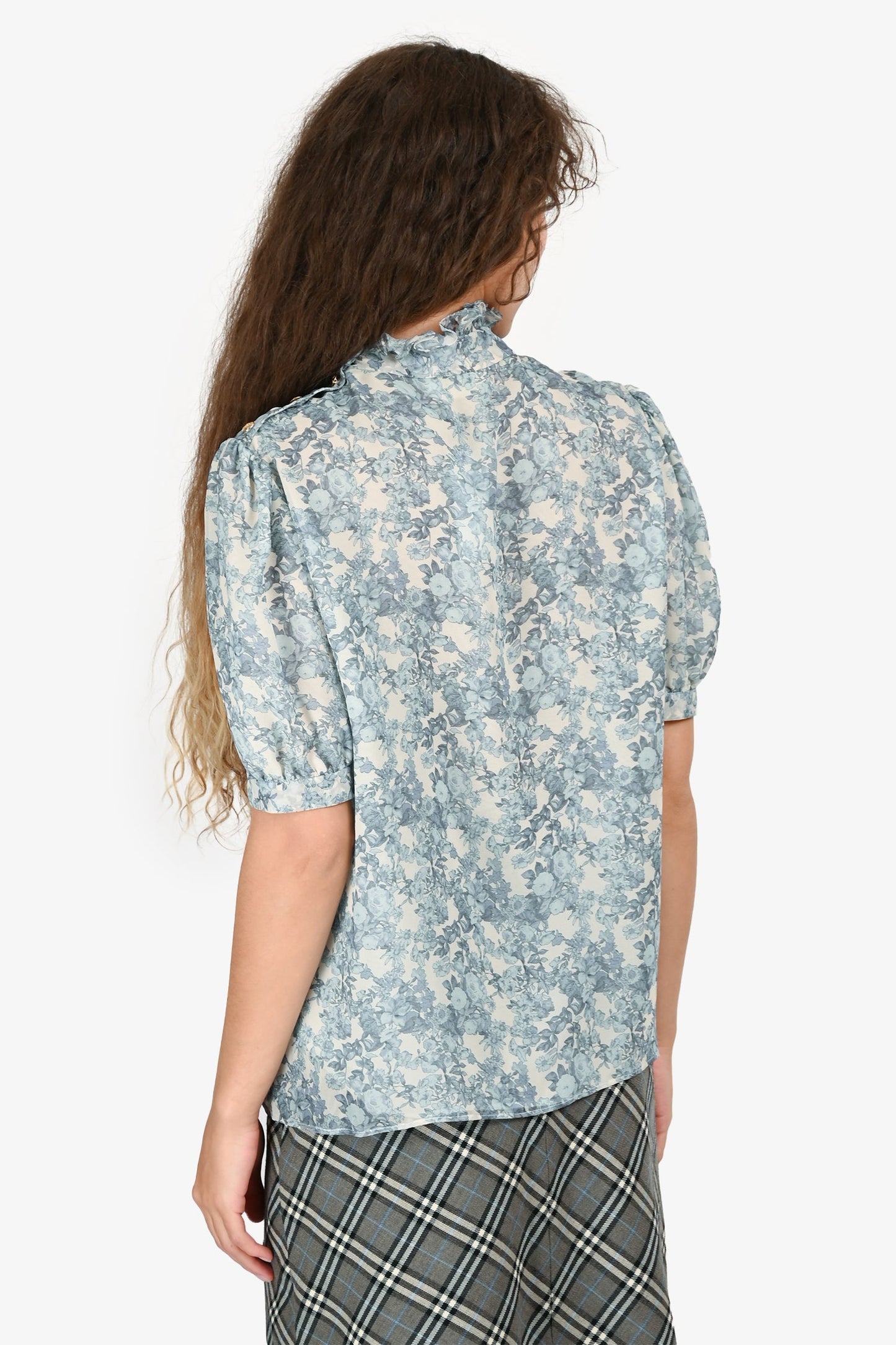 Celine 2024 Blue/White Silk Floral Printed Top Size 40