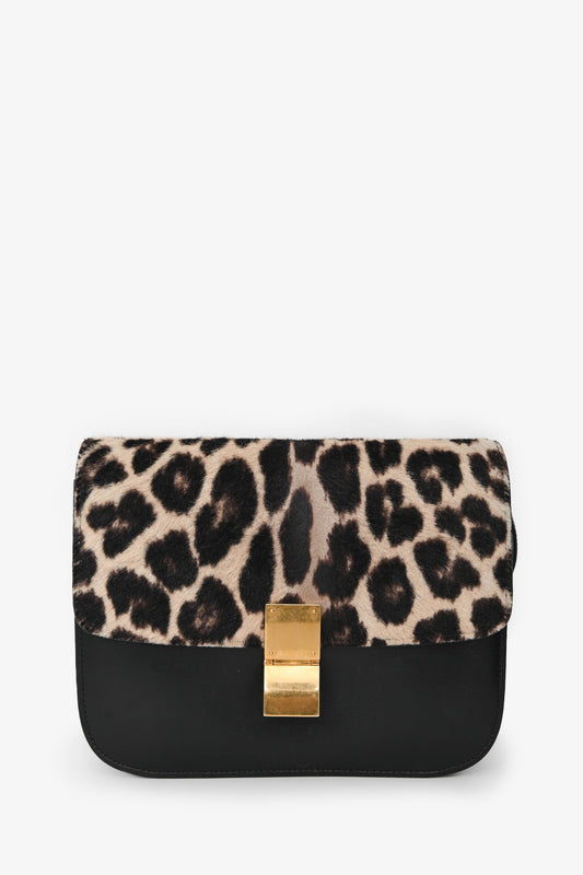 Celine Black Box Calfskin Pony Hair Leopard Medium Box Flap Bag