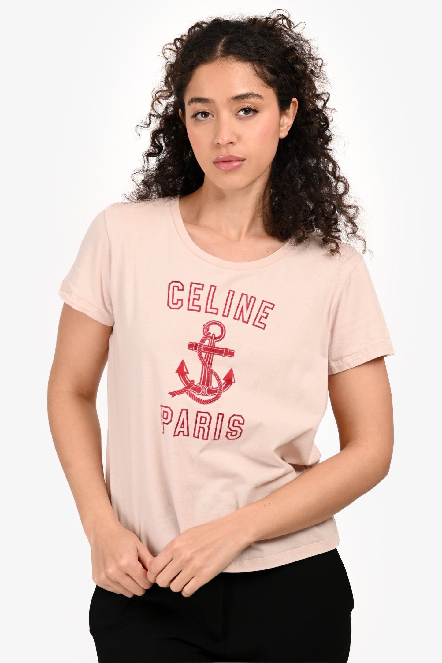 Celine Pink/Red Logo Printed Short Sleeves Cropped T-shirt Size L