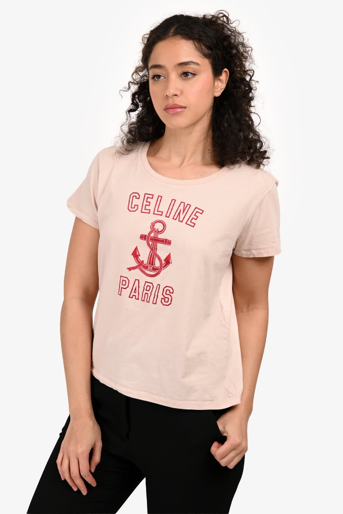 Celine Pink/Red Logo Printed Short Sleeves Cropped T-shirt Size L