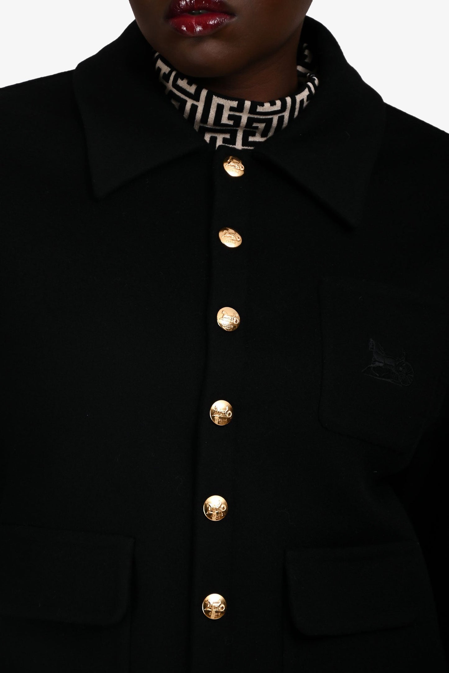 Celine Black Cashmere Logo Embroidered Jacket Size 40