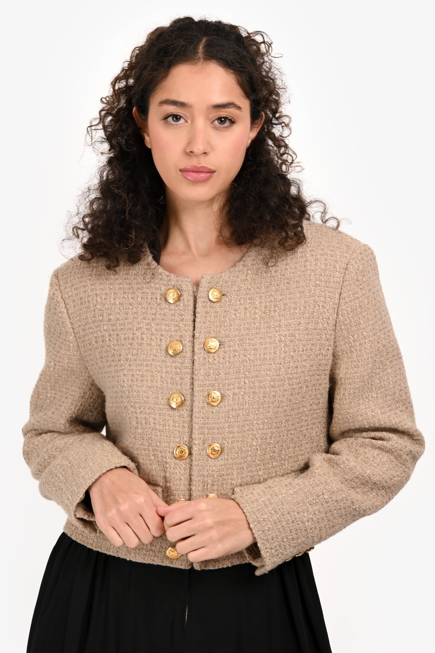 Celine Beige Wool Tweed Gold Buttoned Jacket Size 40