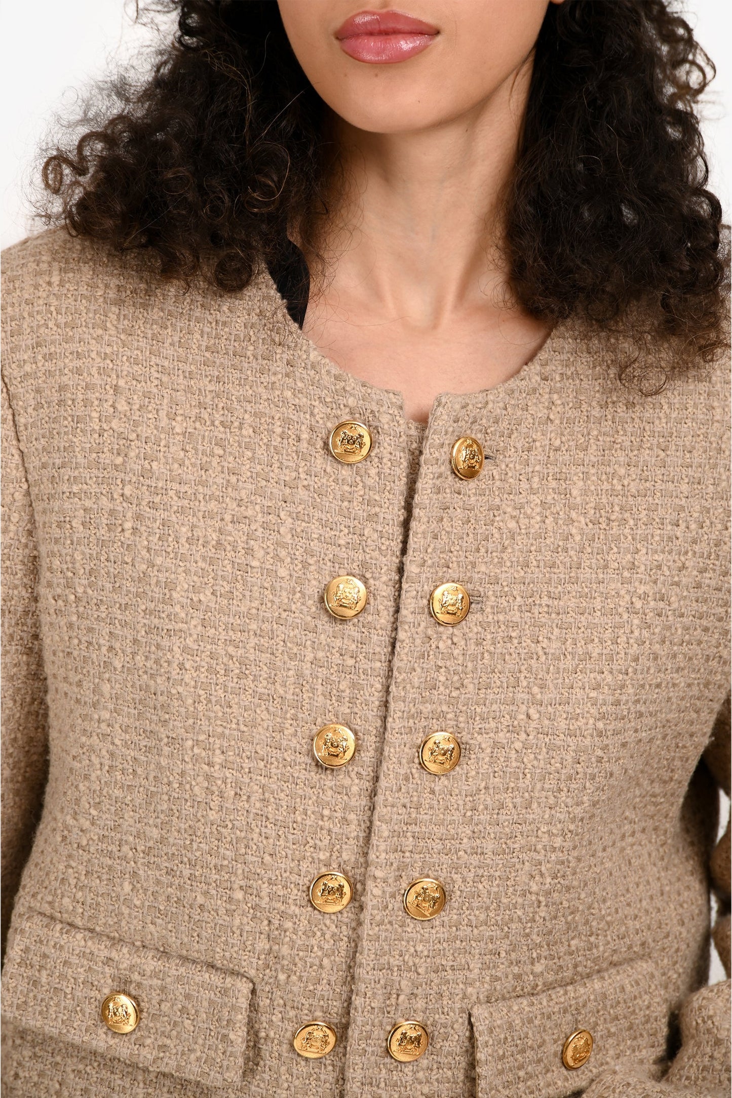 Celine Beige Wool Tweed Gold Buttoned Jacket Size 40