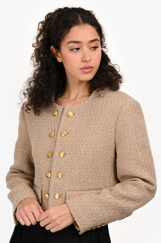 Celine Beige Wool Tweed Gold Buttoned Jacket Size 40