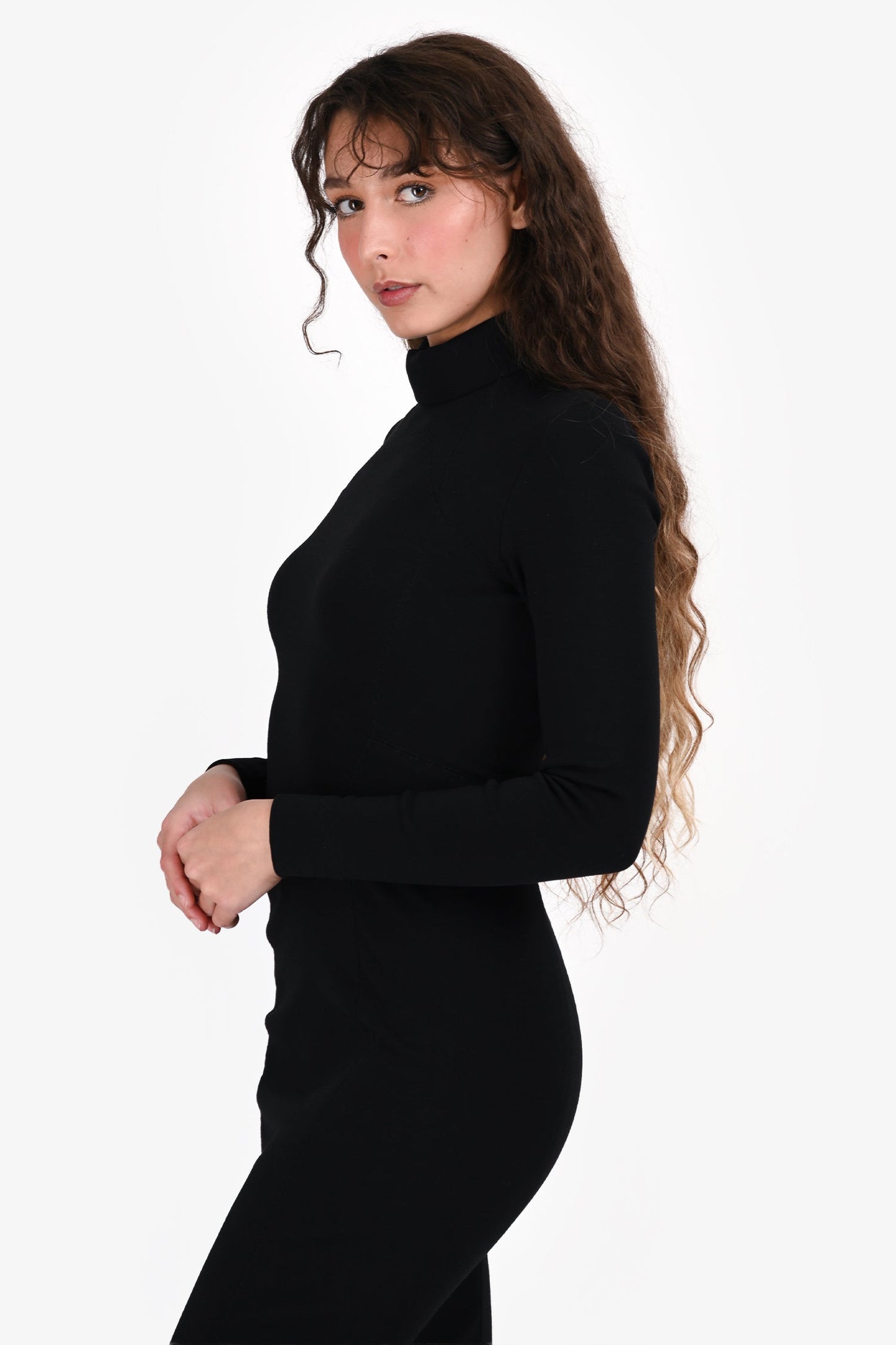 Bottega Veneta Black Wool High Neck Midi Dress Size 38 FR