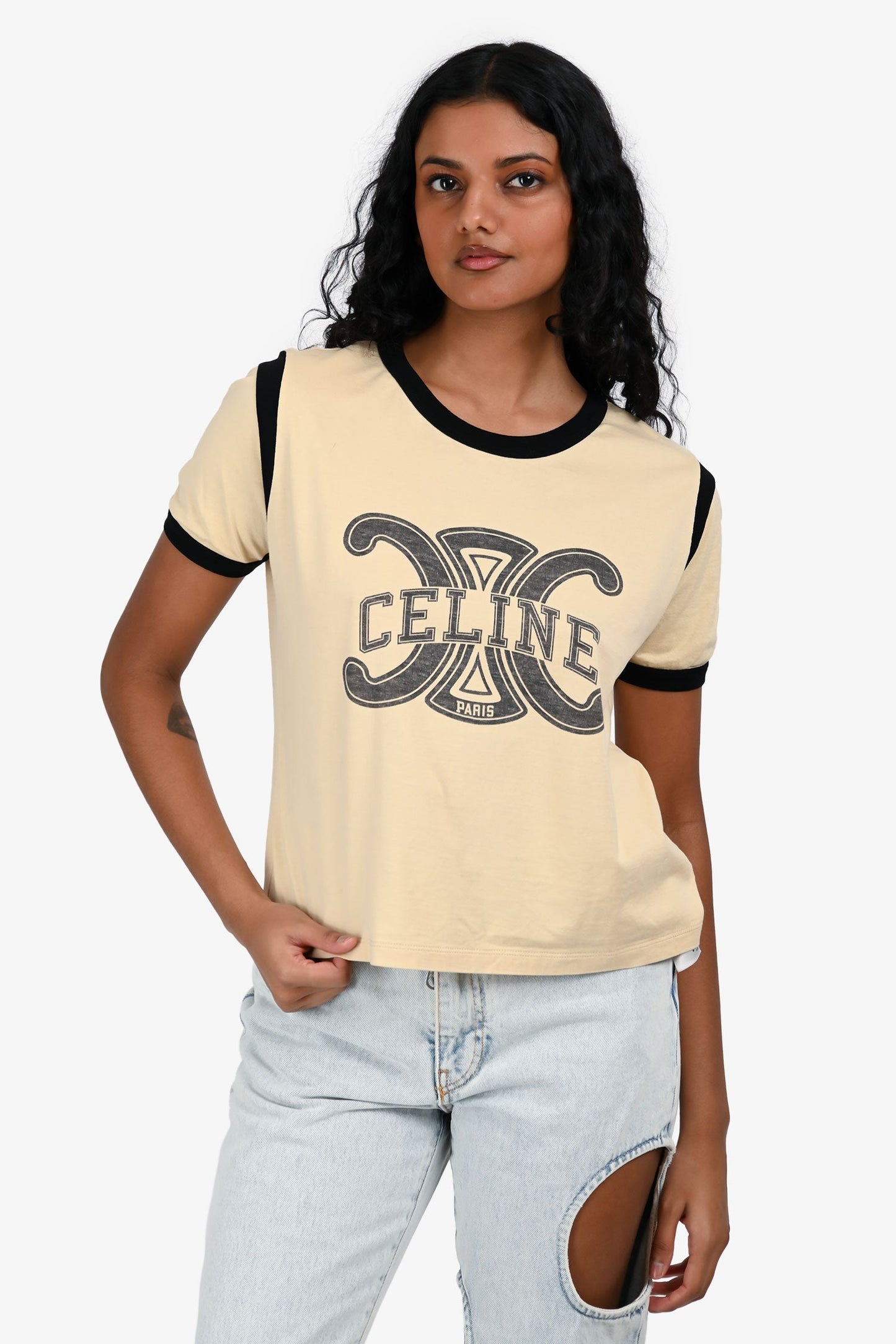 Celine Beige Cotton 'Triomphe' Cropped T-Shirt Size L