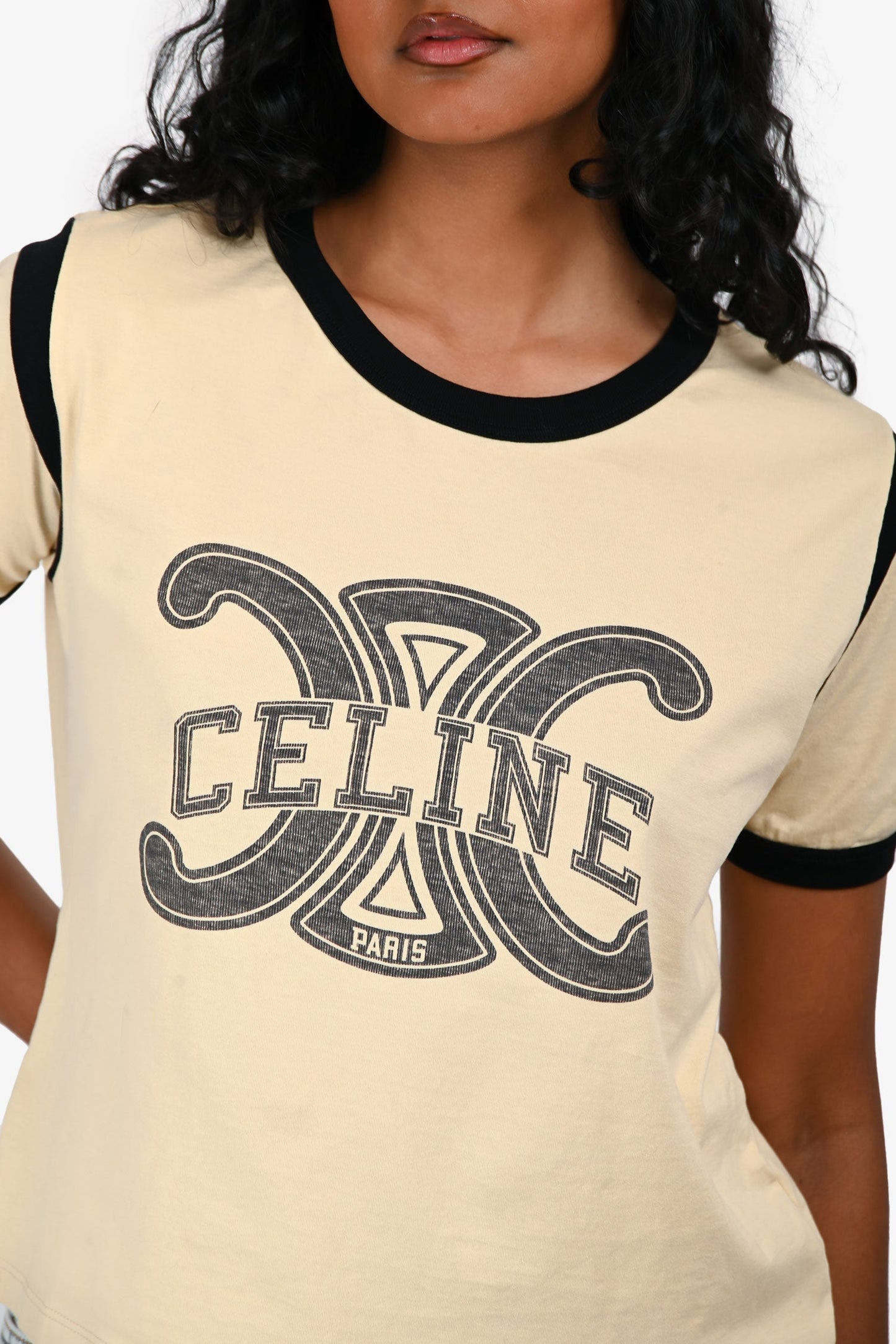 Celine Beige Cotton 'Triomphe' Cropped T-Shirt Size L