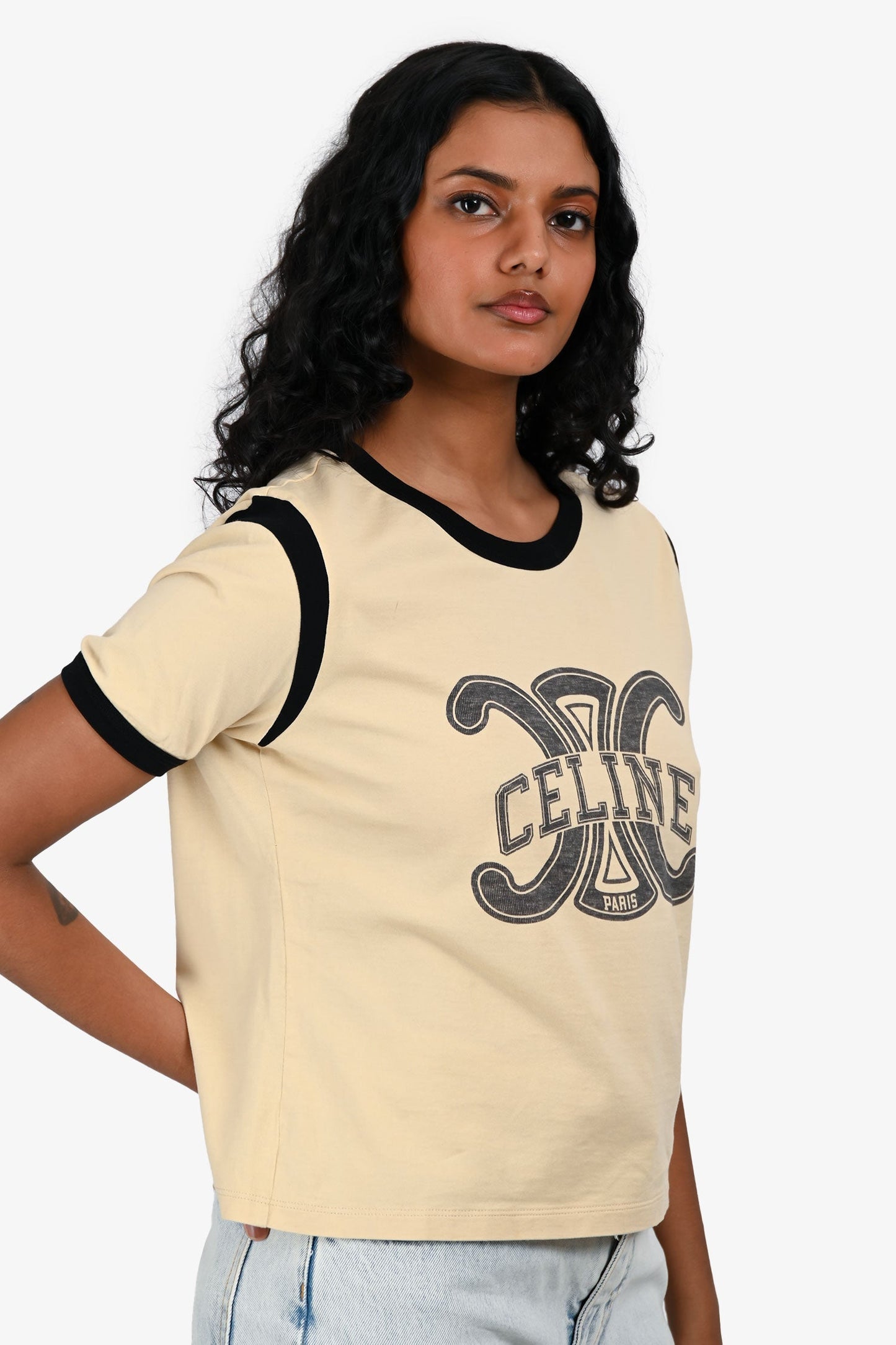 Celine Beige Cotton 'Triomphe' Cropped T-Shirt Size L
