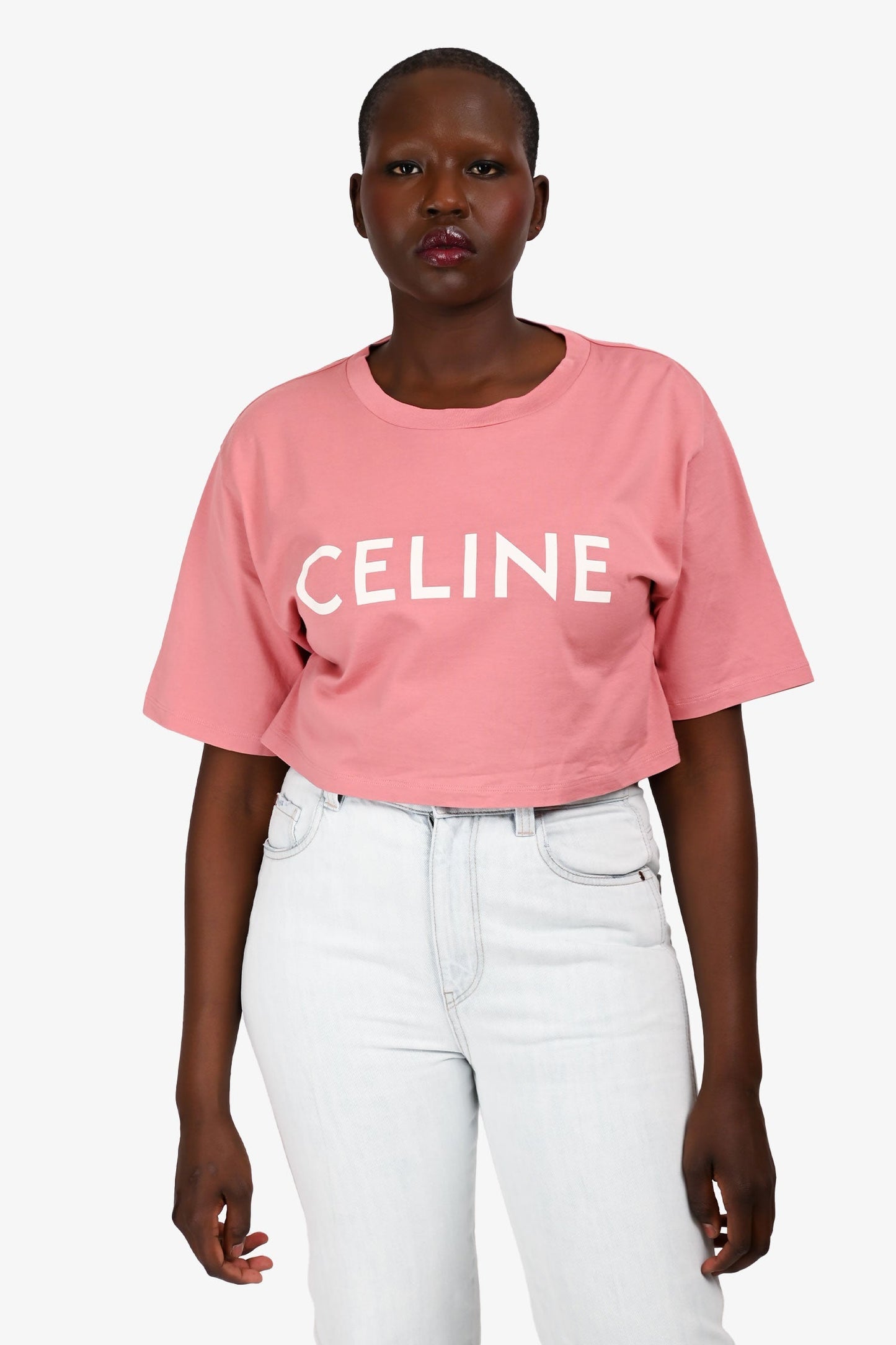 Celine Pink Crew Neck Graphic Cropped T-Shirt Size S