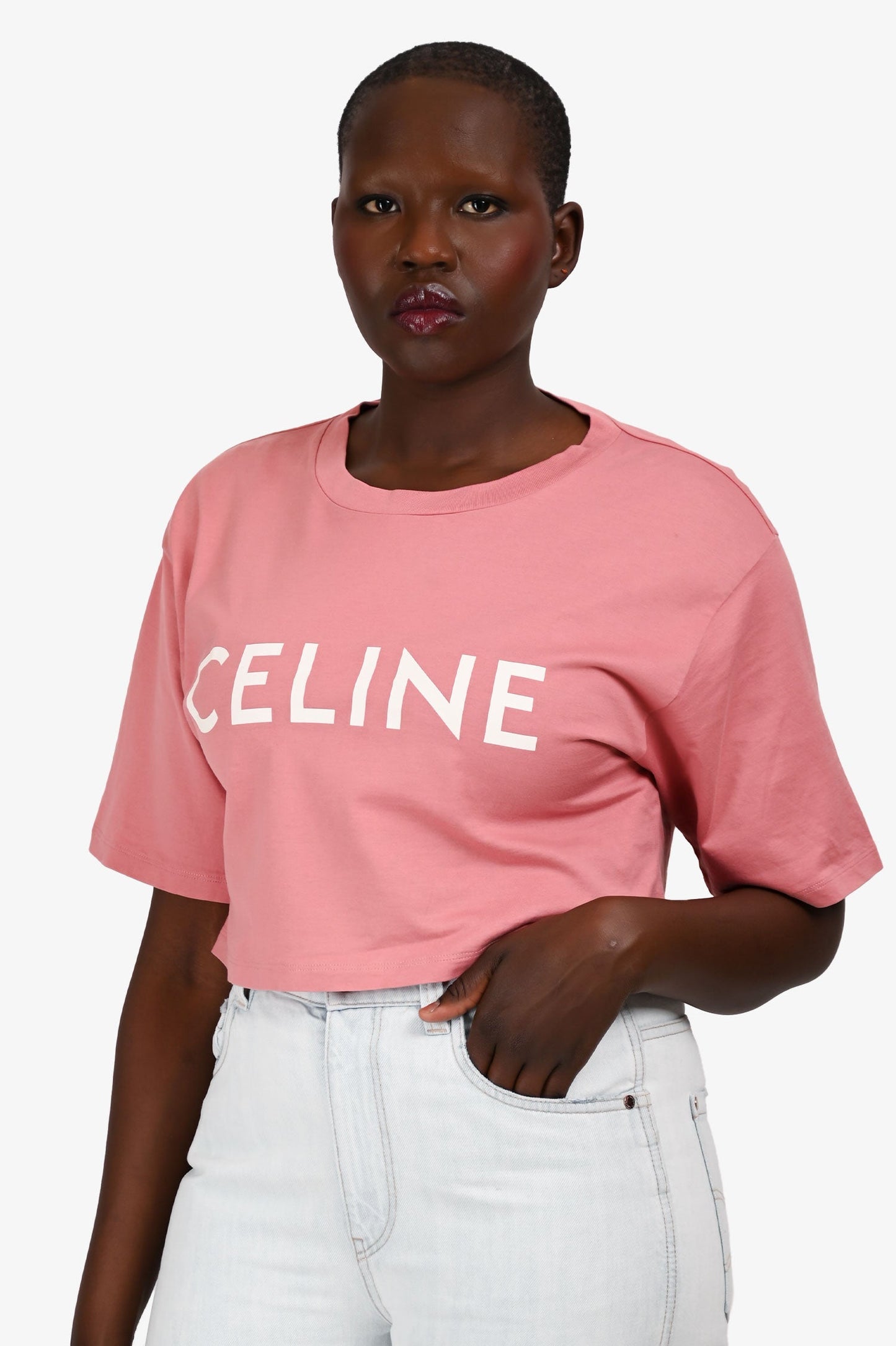 Celine Pink Crew Neck Graphic Cropped T-Shirt Size S