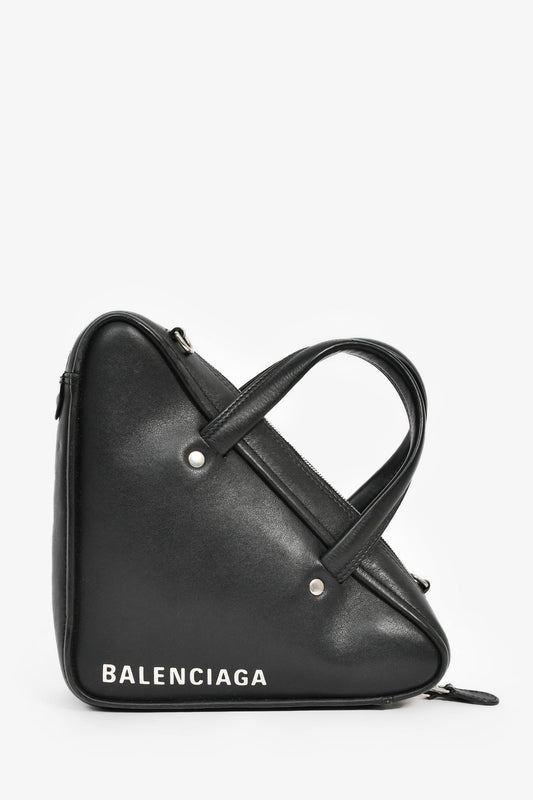 Balenciaga Black Leather Logo Triangle Top Handle Bag With Strap