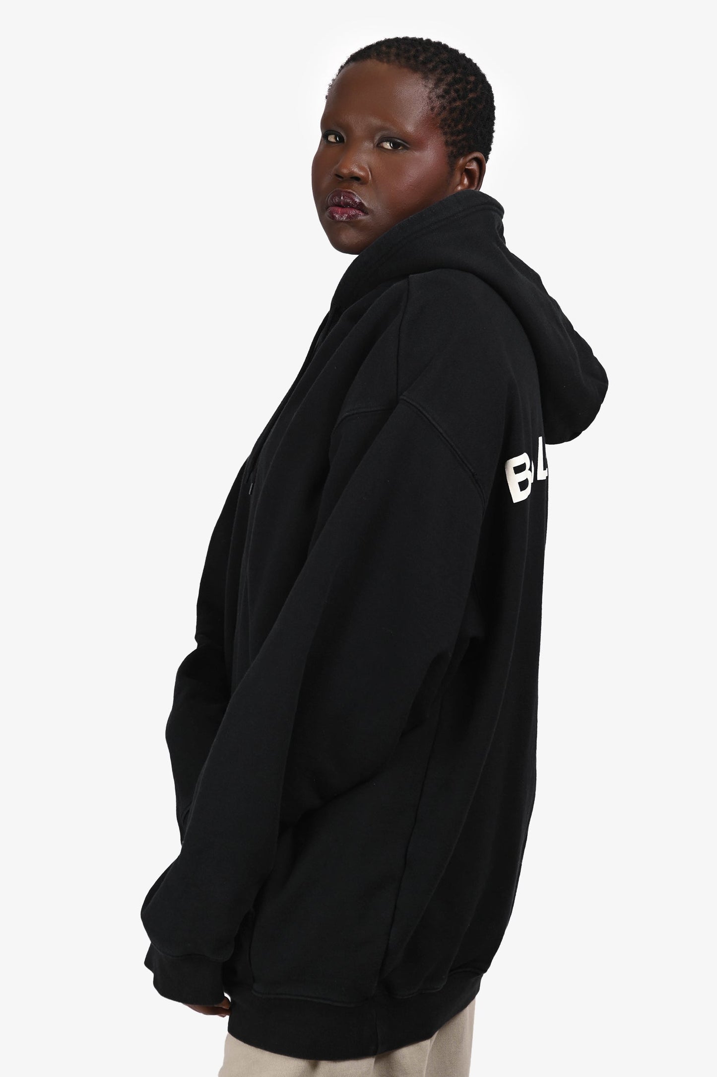 Balenciaga 2017 Black Logo Printed Pocket Detail Hoodie Size L