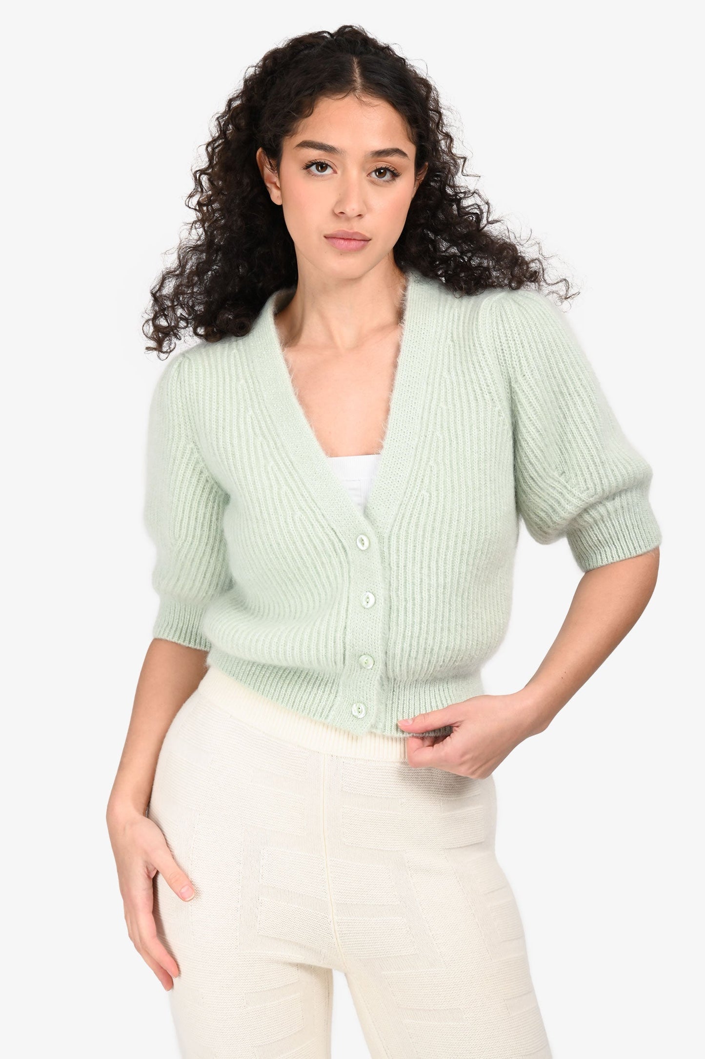Celine Mint Green Mohair/Silk Puff Short Sleeve Cardigan Size L