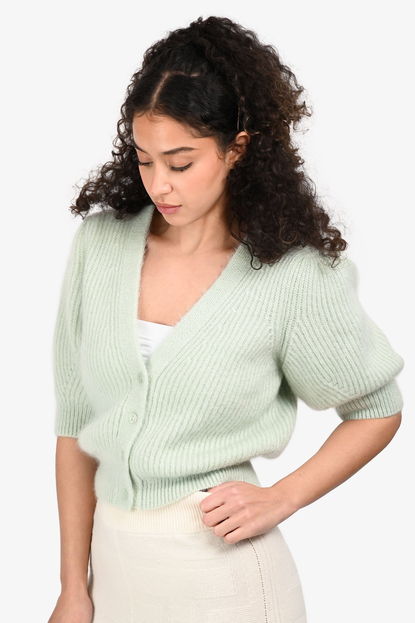 Celine Mint Green Mohair/Silk Puff Short Sleeve Cardigan Size L