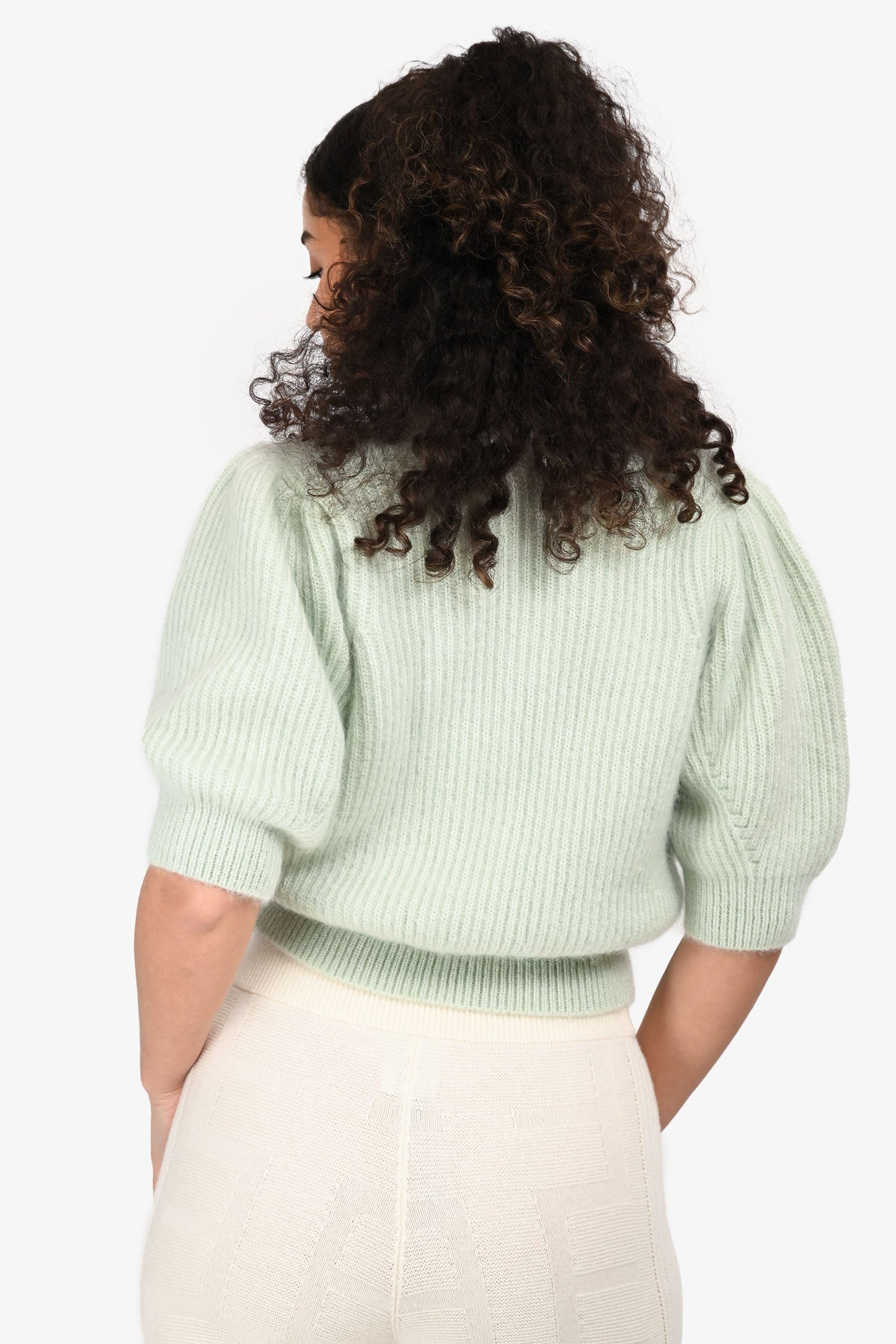 Celine Mint Green Mohair/Silk Puff Short Sleeve Cardigan Size L