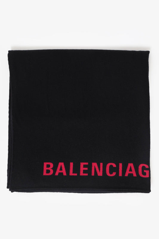 Balenciaga Black/Pink Wool/Silk Logo Print Scarf Shawl