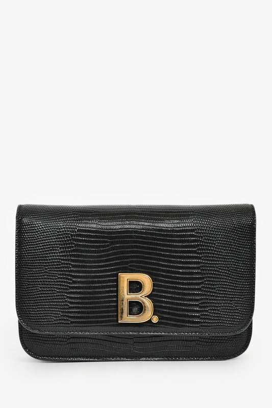 Balenciaga Black Lizard Embossed B. Logo Wallet On Chain Crossbody