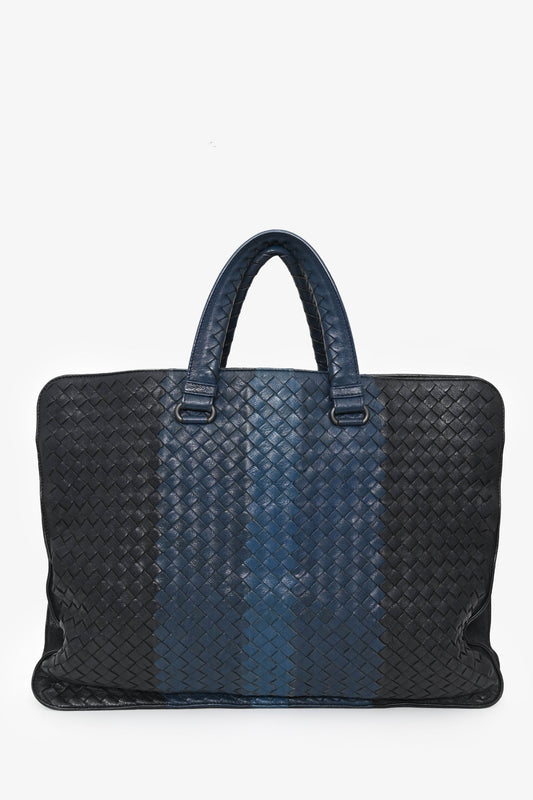 Bottega Veneta Black/Blue Intrecciato Leather Briefcase With Strap