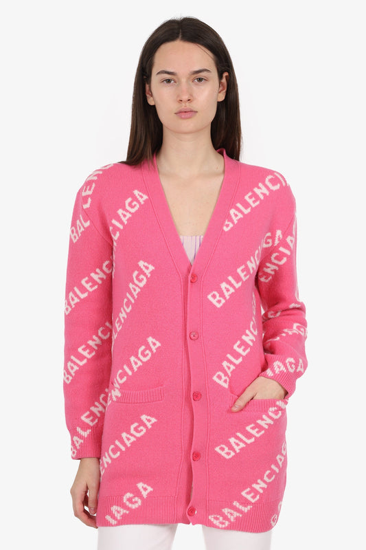 Balenciaga Pink Wool Logo All Over Cardigan Size XS