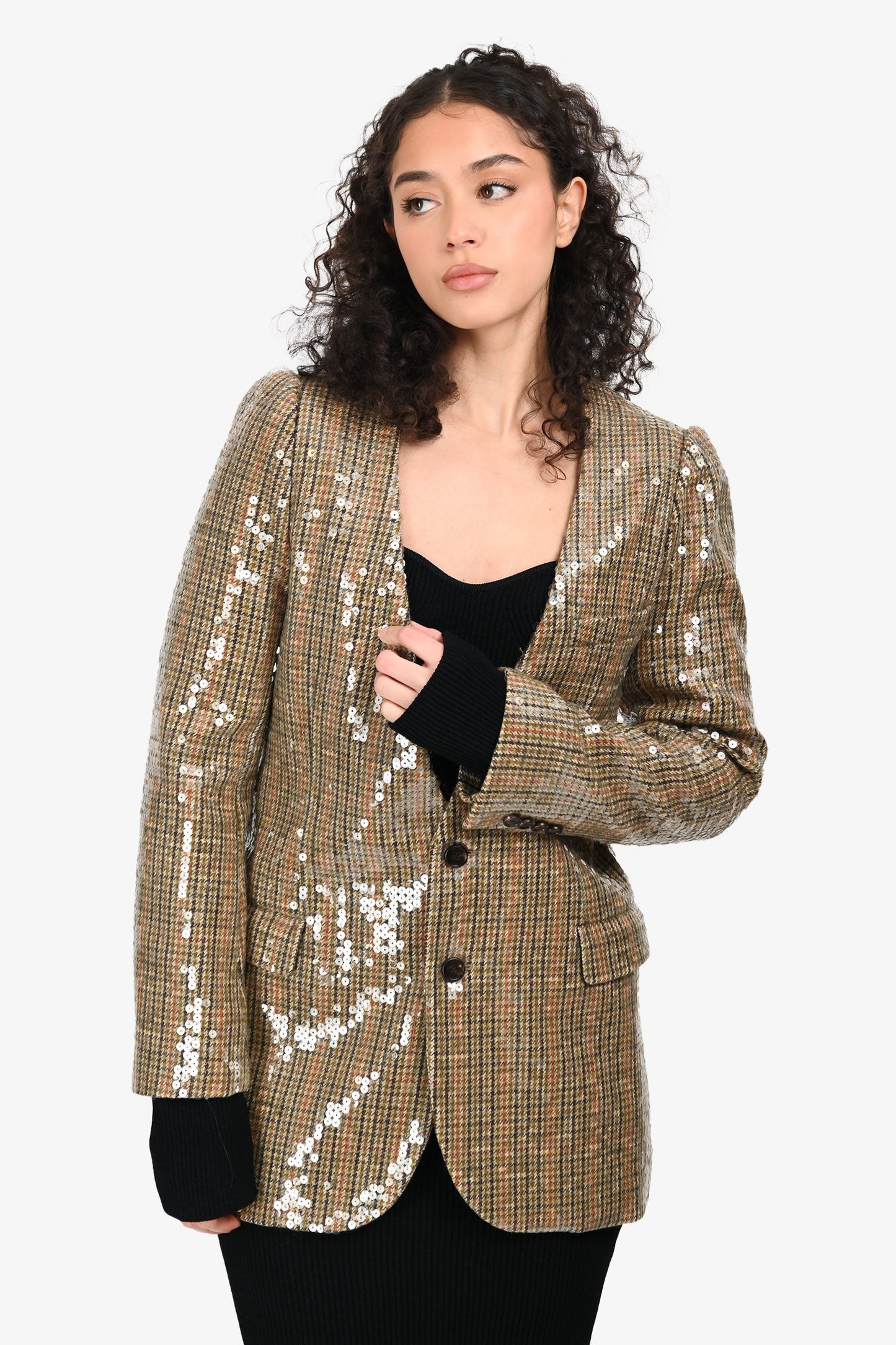Celine Green Wool Sequin Houndstooth Blazer Size 38