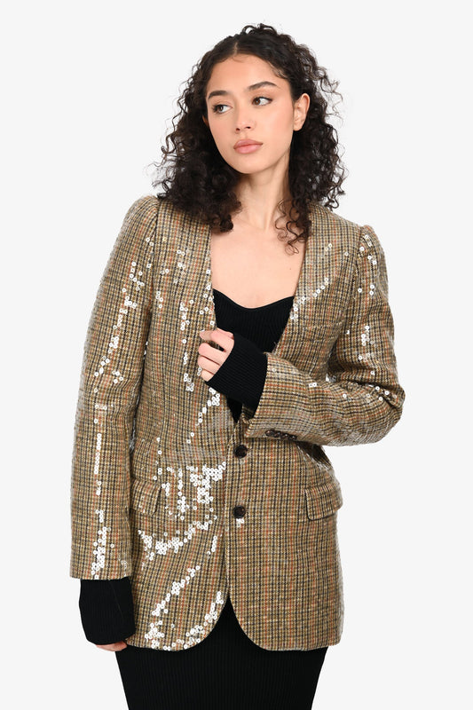 Celine Green Wool Sequin Houndstooth Blazer Size 38