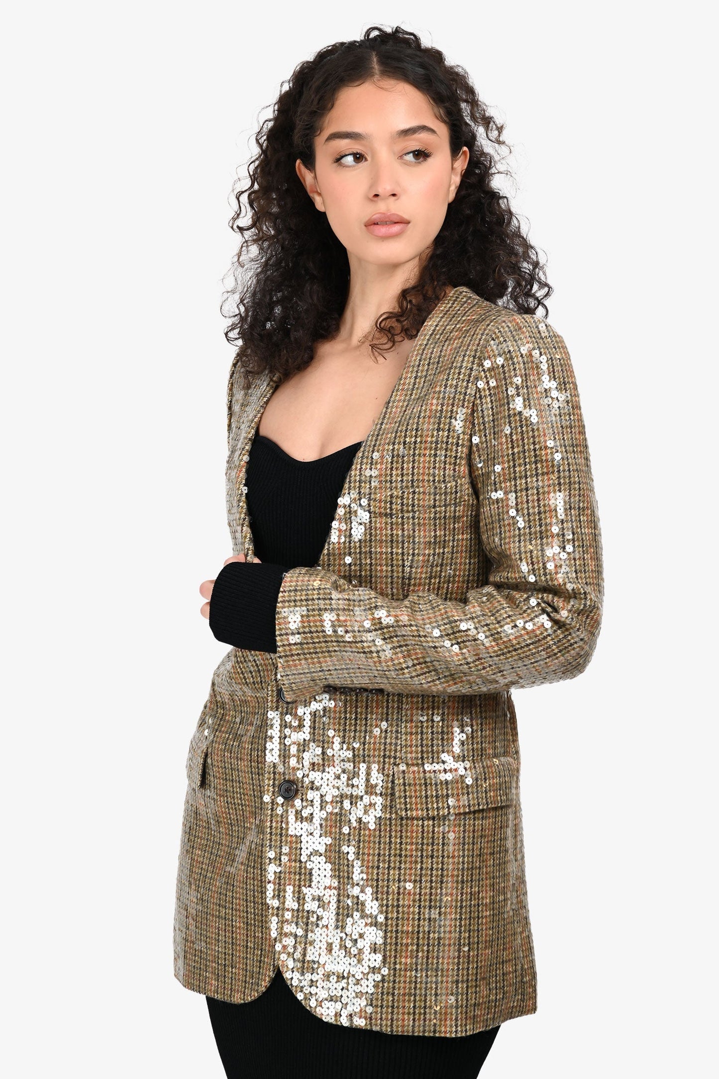 Celine Green Wool Sequin Houndstooth Blazer Size 38