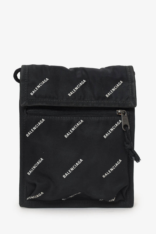 Balenciaga Black Nylon All Over Logo Small Explorer Pouch